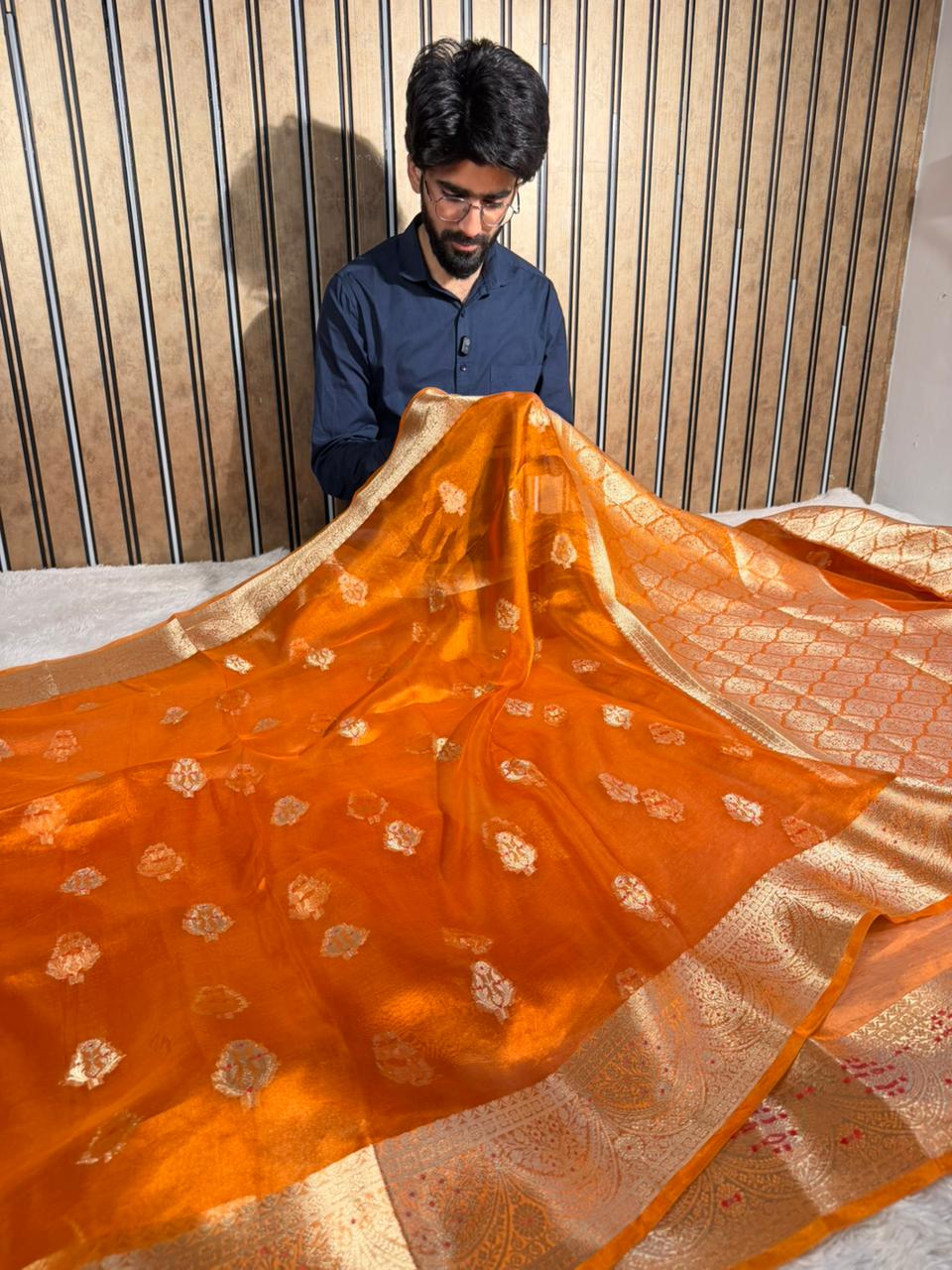 Metallic Orange Pure Tissue silk Meenakari Banarasi Saree