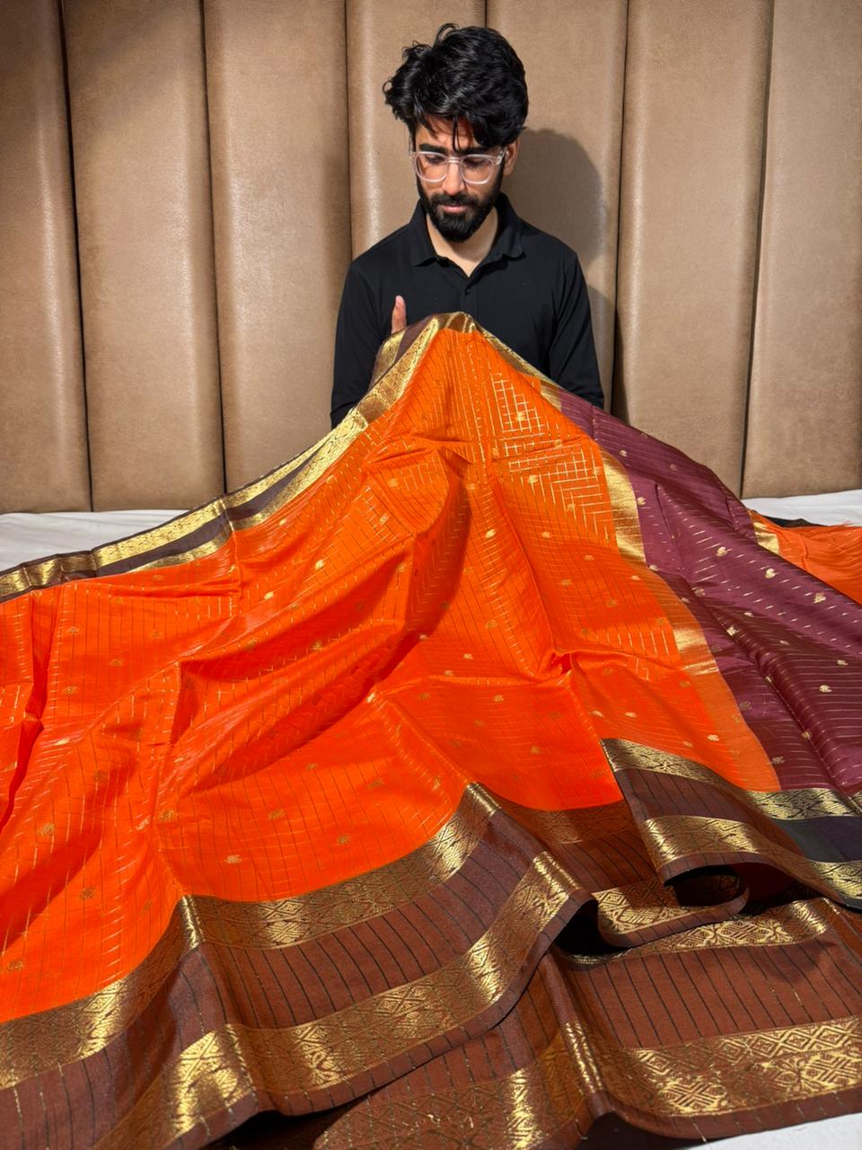 Orange checks buti softsilk Banarasi saree