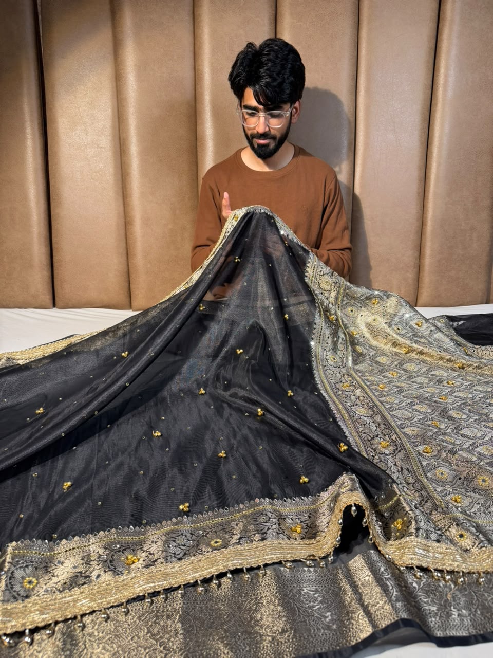 Metallic Black Kora Tissue Viral Ghungroo Saree