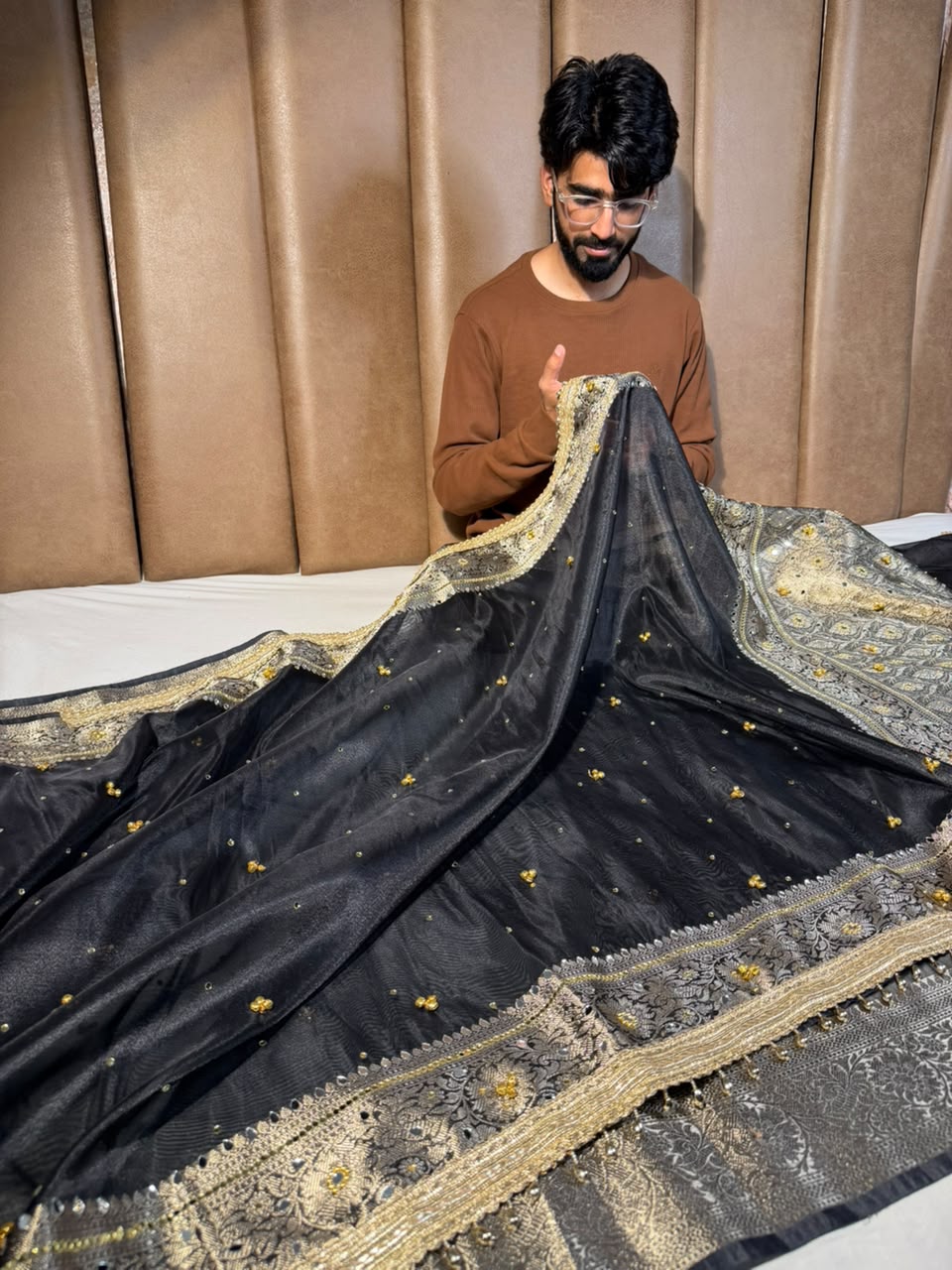 Metallic Black Kora Tissue Viral Ghungroo Saree