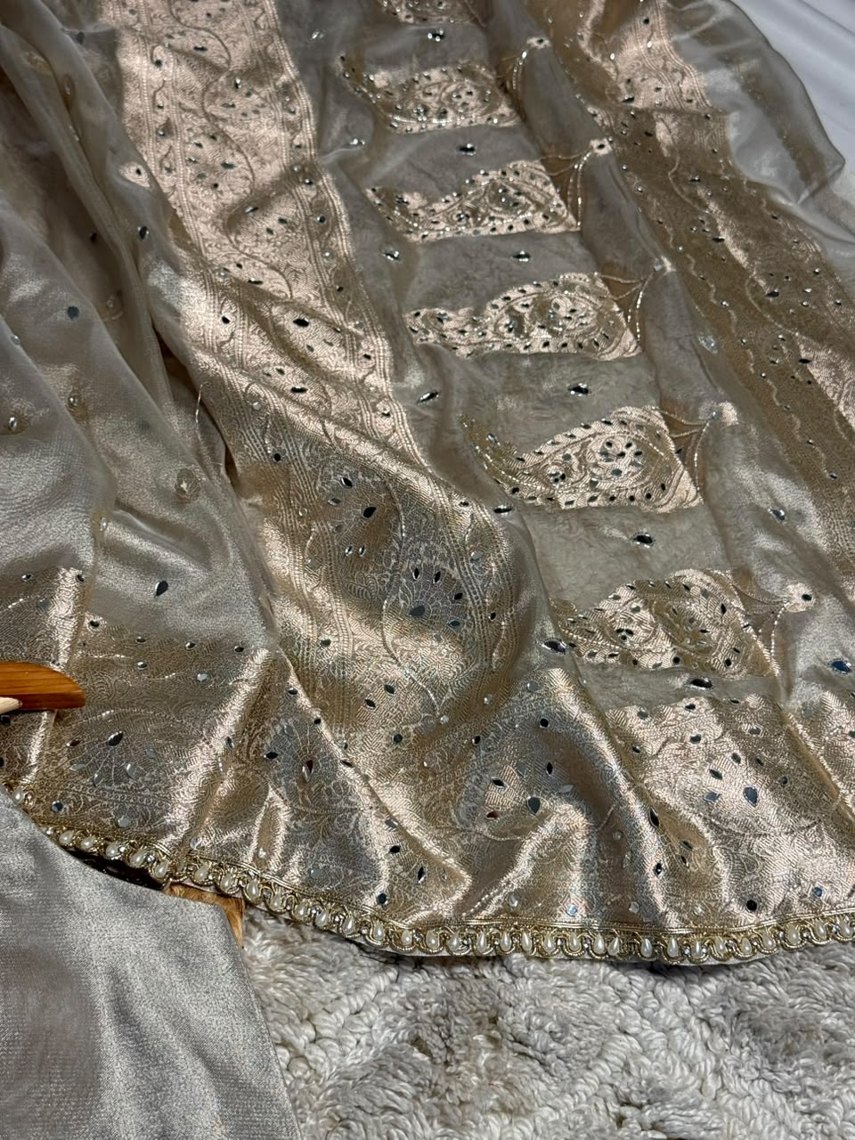Majestic Mirror Work Kora Tissue Banarasi Saree
