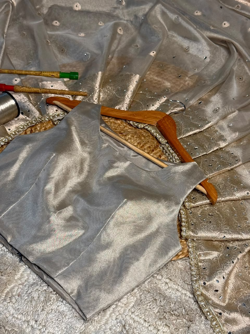 Majestic Mirror Work Kora Tissue Banarasi Saree