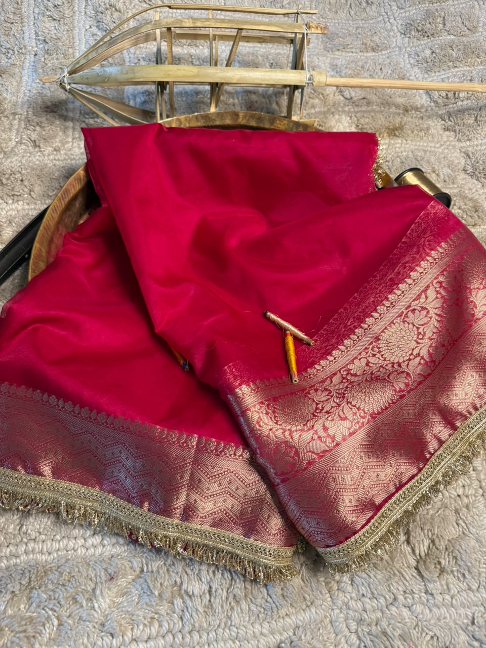 Rani Pink Kora Organza Silk Lace Work Banarasi Saree