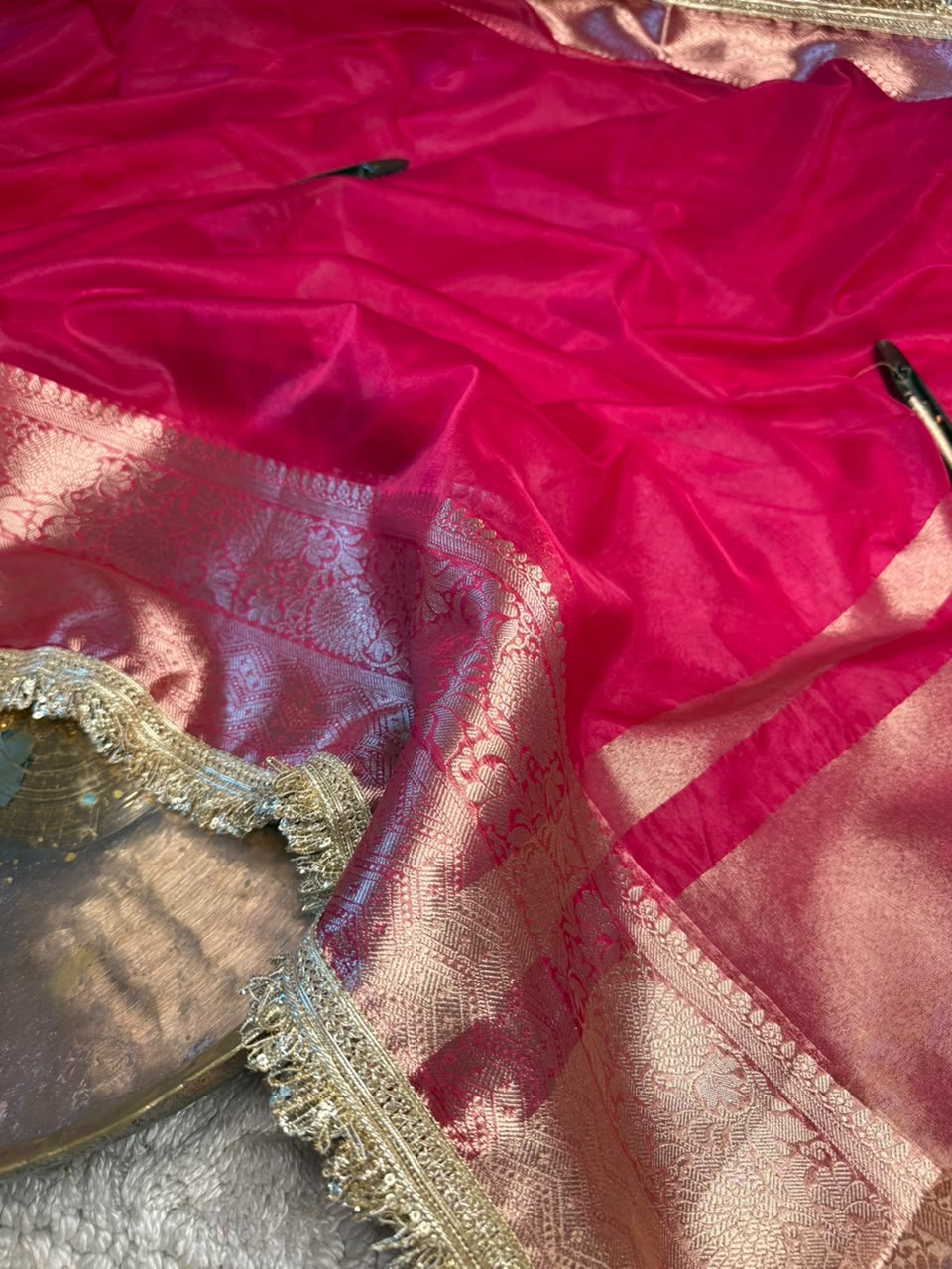 Rani Pink Kora Organza Silk Lace Work Banarasi Saree