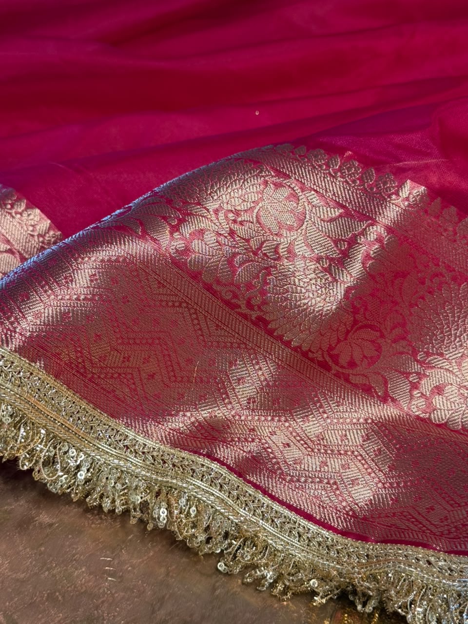 Rani Pink Kora Organza Silk Lace Work Banarasi Saree