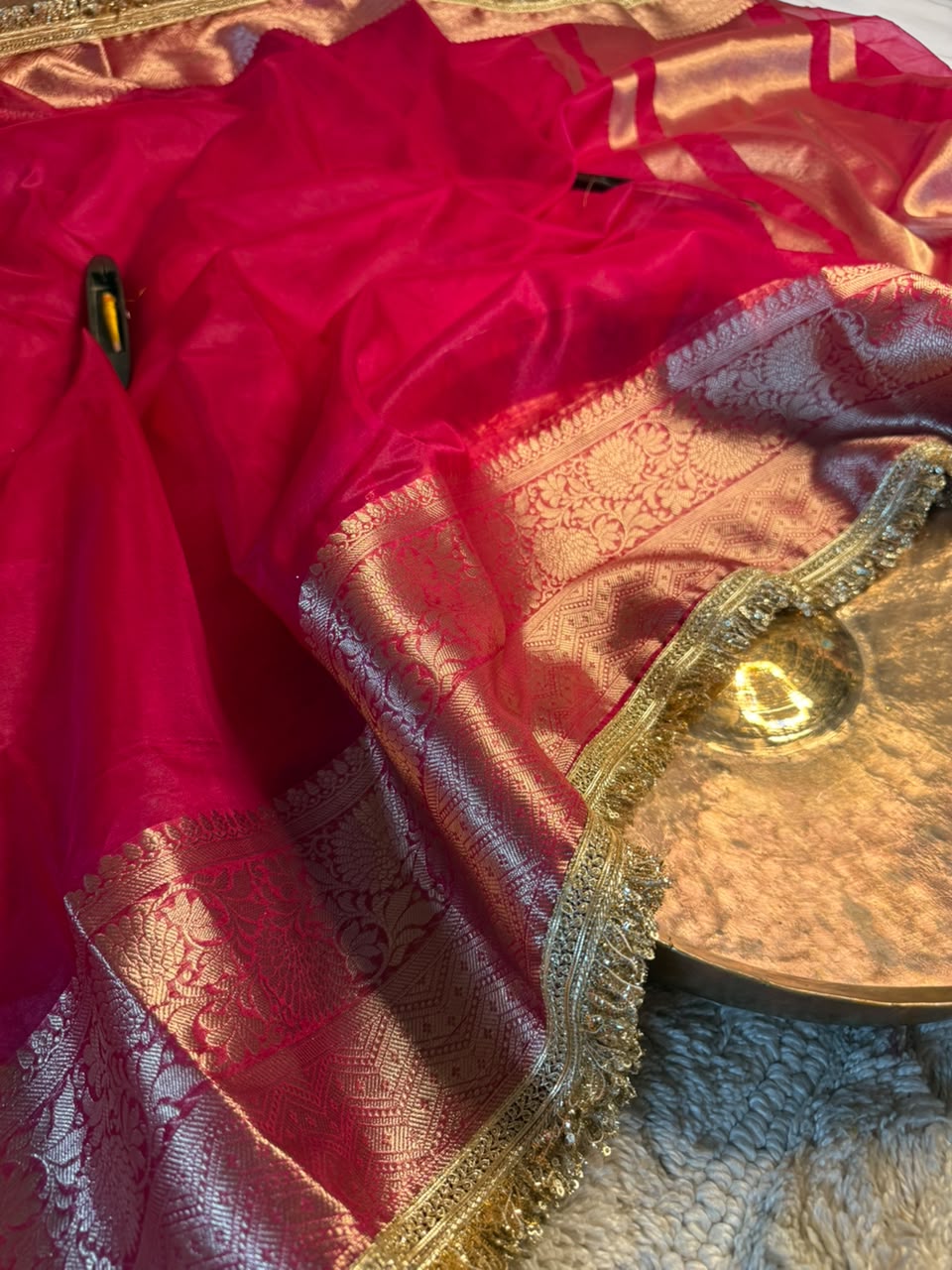Rani Pink Kora Organza Silk Lace Work Banarasi Saree