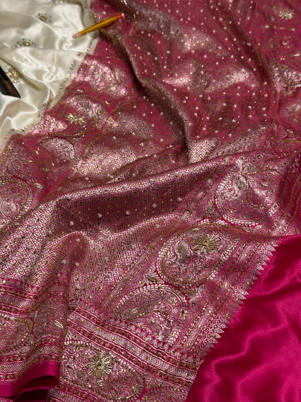 Cream Rani Mashru Katan Silk Premium Handwork Saree