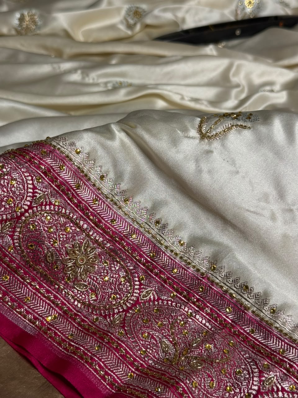 Cream Rani Mashru Katan Silk Premium Handwork Saree