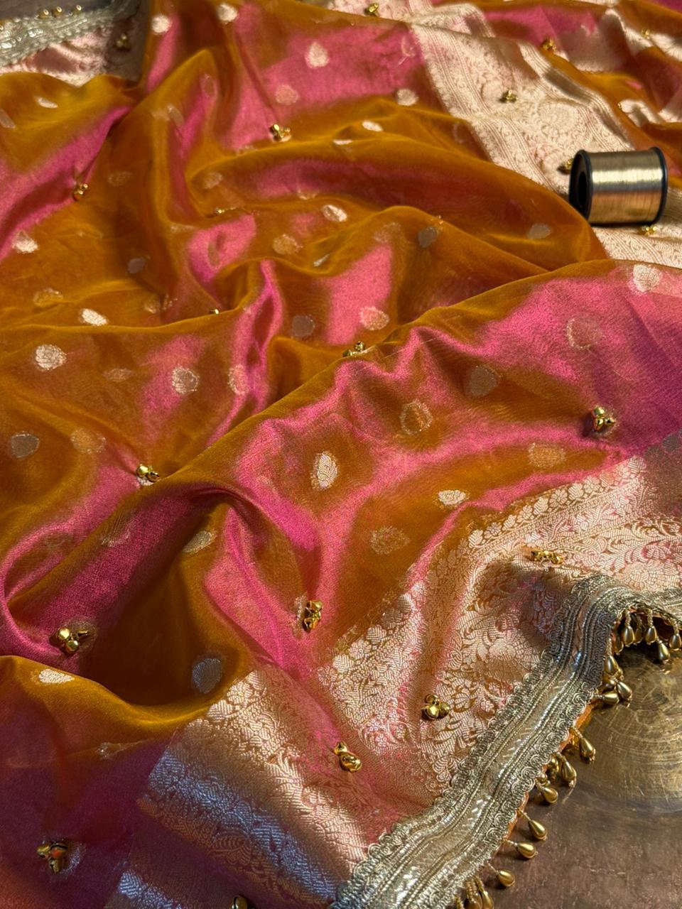 Rani Orange Dhoop Chaon Tissue Ghungroo Saree