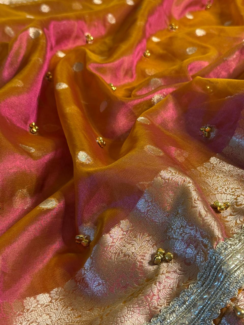 Rani Orange Dhoop Chaon Tissue Ghungroo Saree