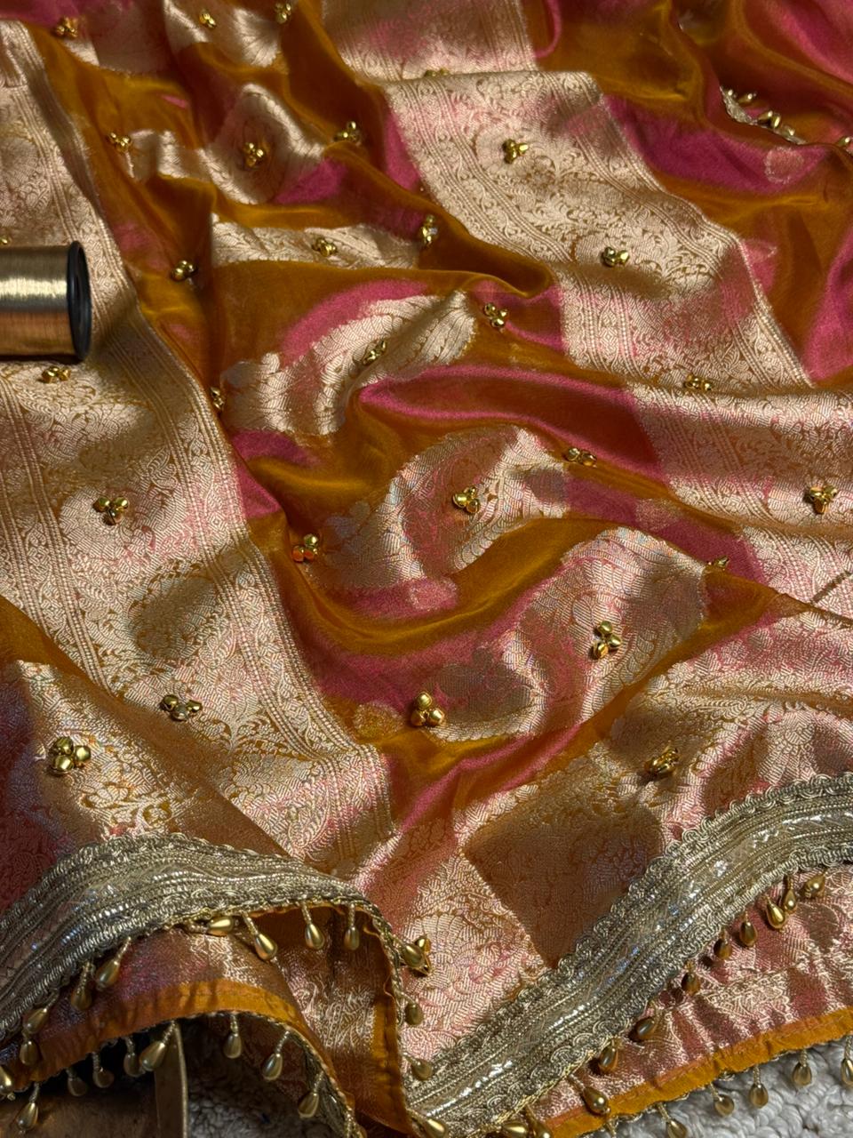 Rani Orange Dhoop Chaon Tissue Ghungroo Saree