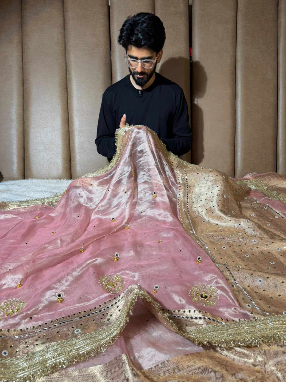 Pretty Pink Pure Tissue Silk Mirror Ghungroo Saree