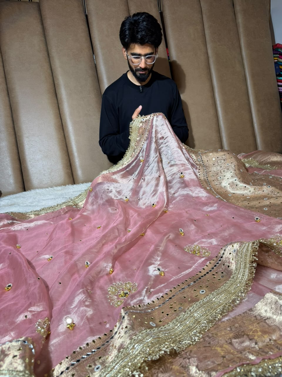 Pretty Pink Pure Tissue Silk Mirror Ghungroo Saree