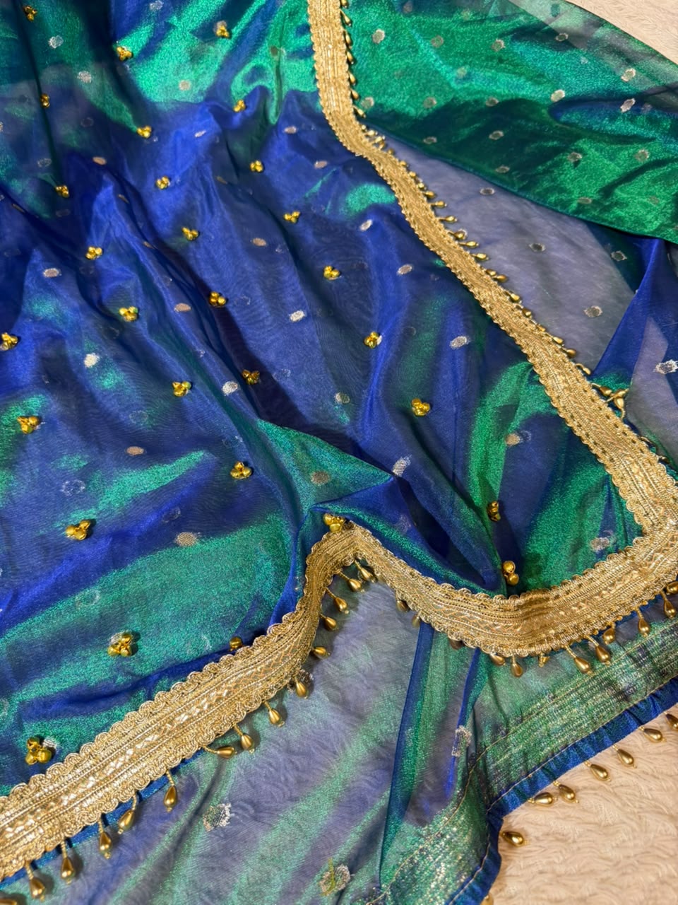 Rare Peacock Tissue Silk Hand ghungroo Work Saree