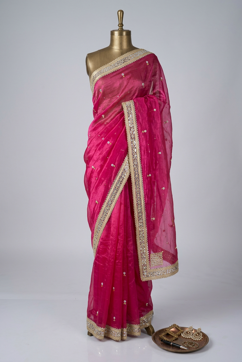 Rani Pink Pure Tissue Silk Ghungroo Mirror Work Saree