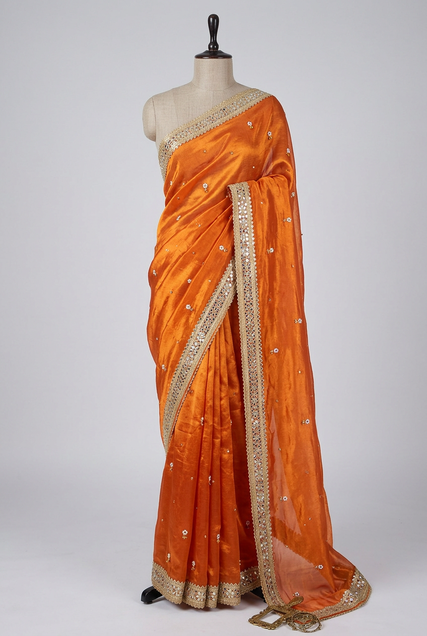 Rusted Orange Pure Tissue Silk Ghungroo Mirror Work Saree