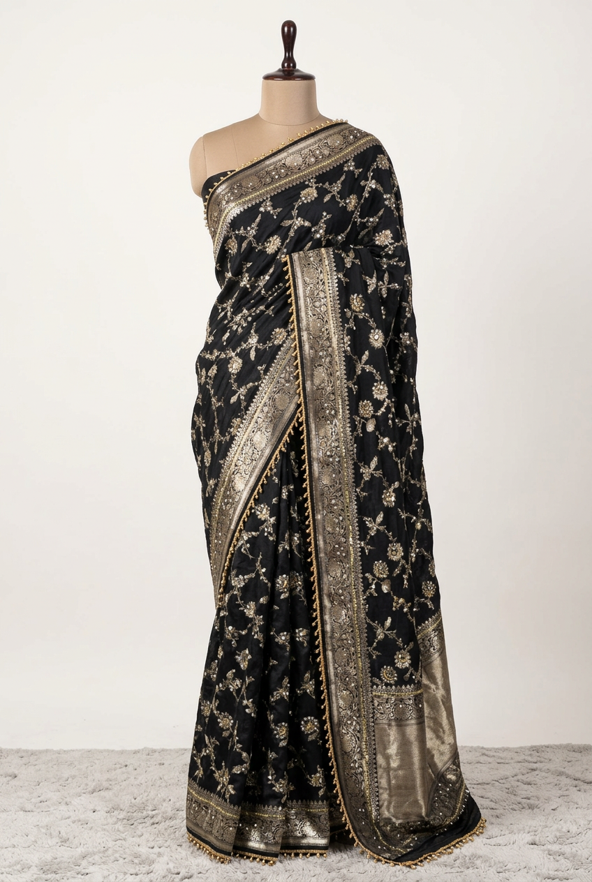 Jet Black Chinia Silk Ghungroo Mirror Work Saree