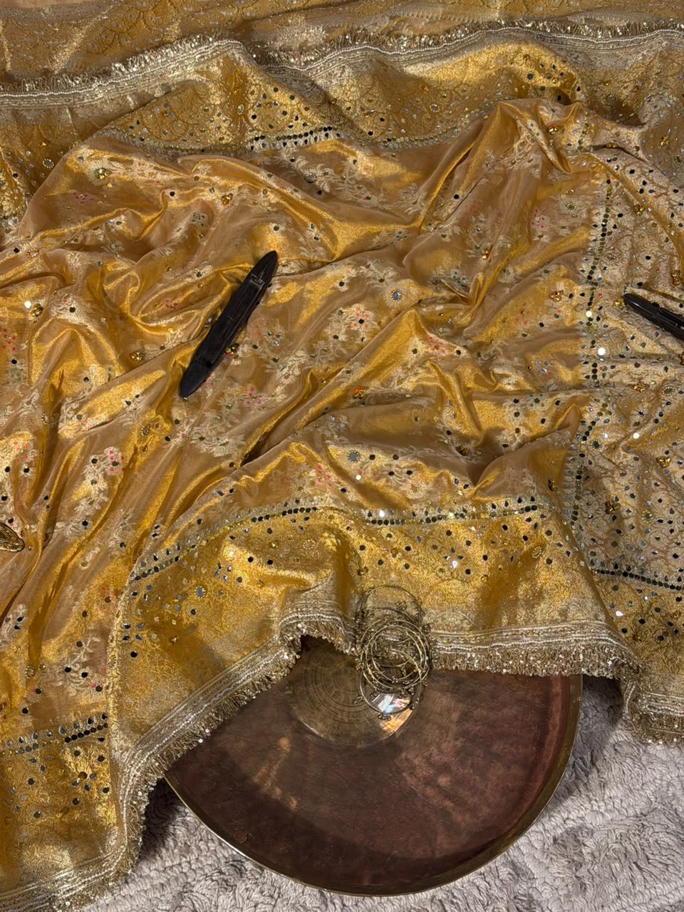 Copper Gold Tissue Silk Mirror Ghungroo Banarasi Saree