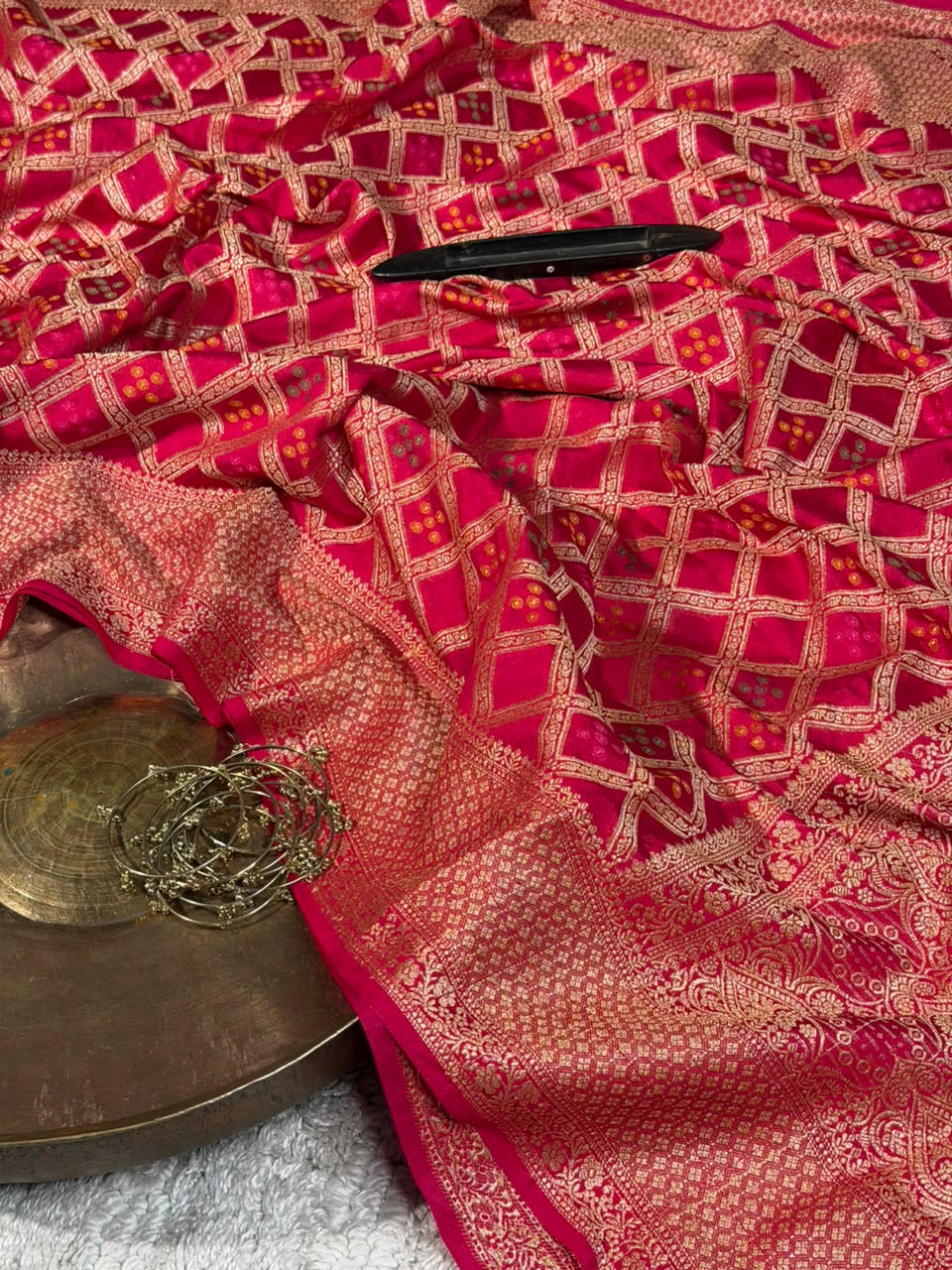 Rani Pink Soft Georgette Silk Bandhani Banarasi Saree