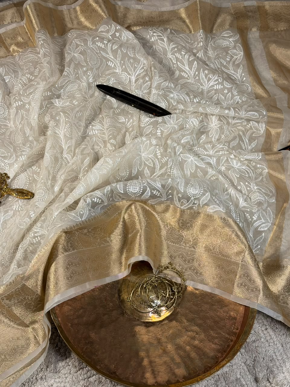 White Kora Organza Silk Chikankari Saree