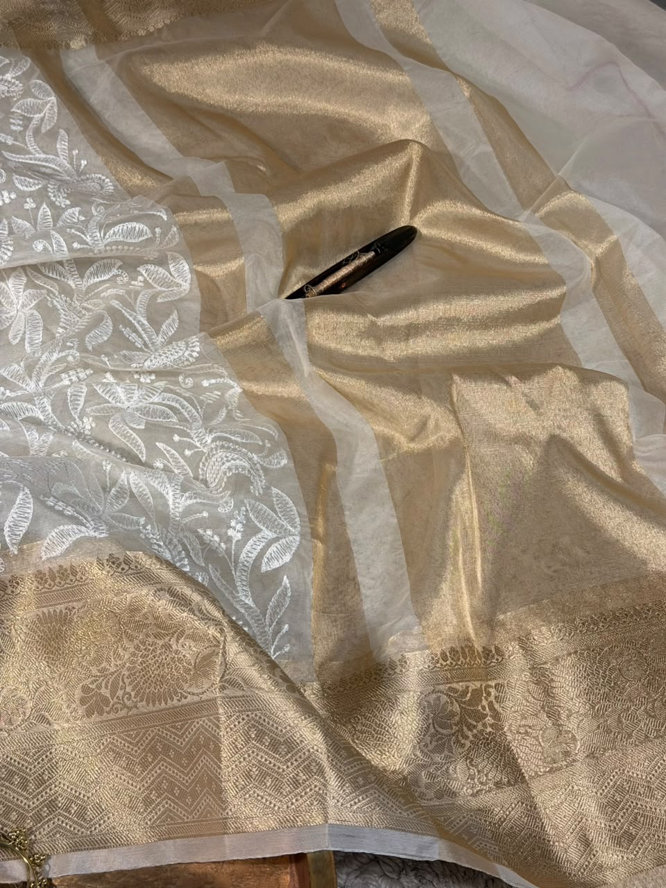 White Kora Organza Silk Chikankari Saree