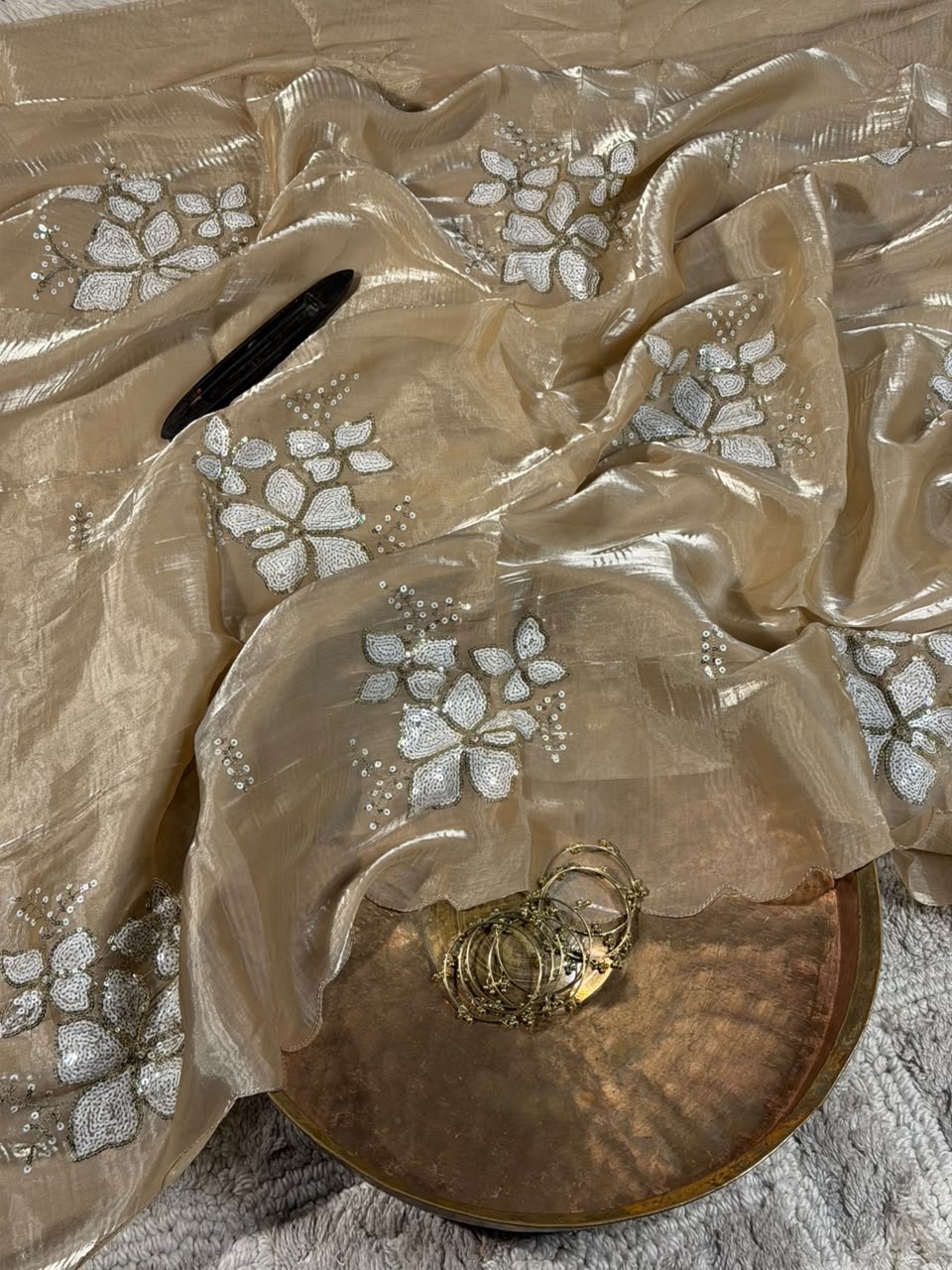 Rare Ivory Shimmery Tissue Silk Sequins Thread Work Buta Designer Saree