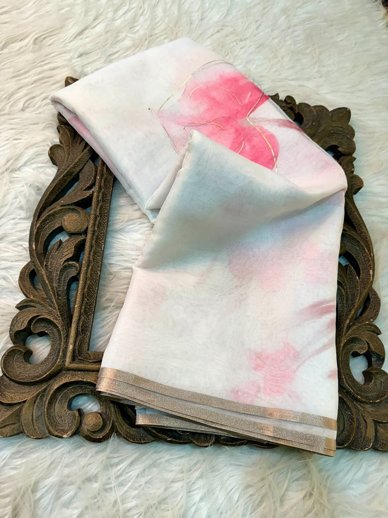 White Georgette Pink Floral Digital Print Saree