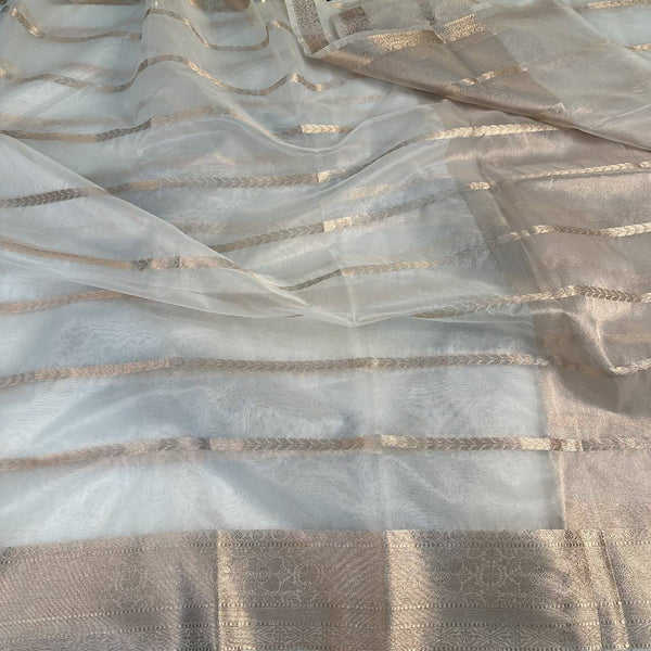 White Organza Silk Zari Woven Stripes Banarasi Sarees