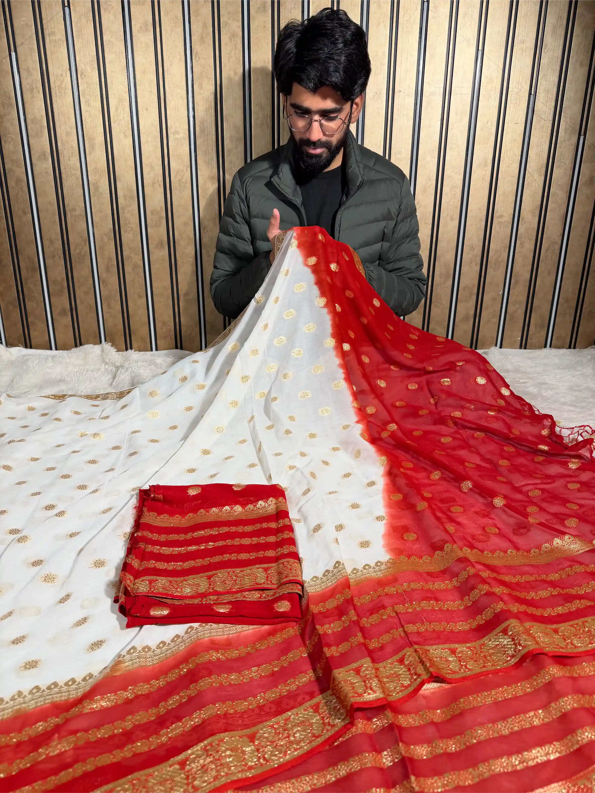 White Red Contrast Viscose Georgette Banarasi Saree