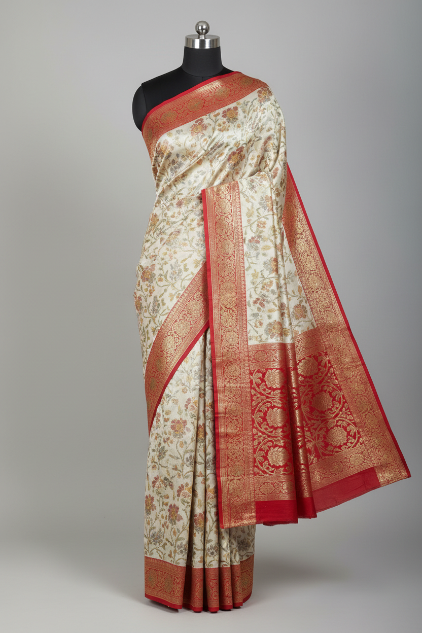 White n Red Mashru Katan Silk Floral Jaal Weave Banarasi Saree