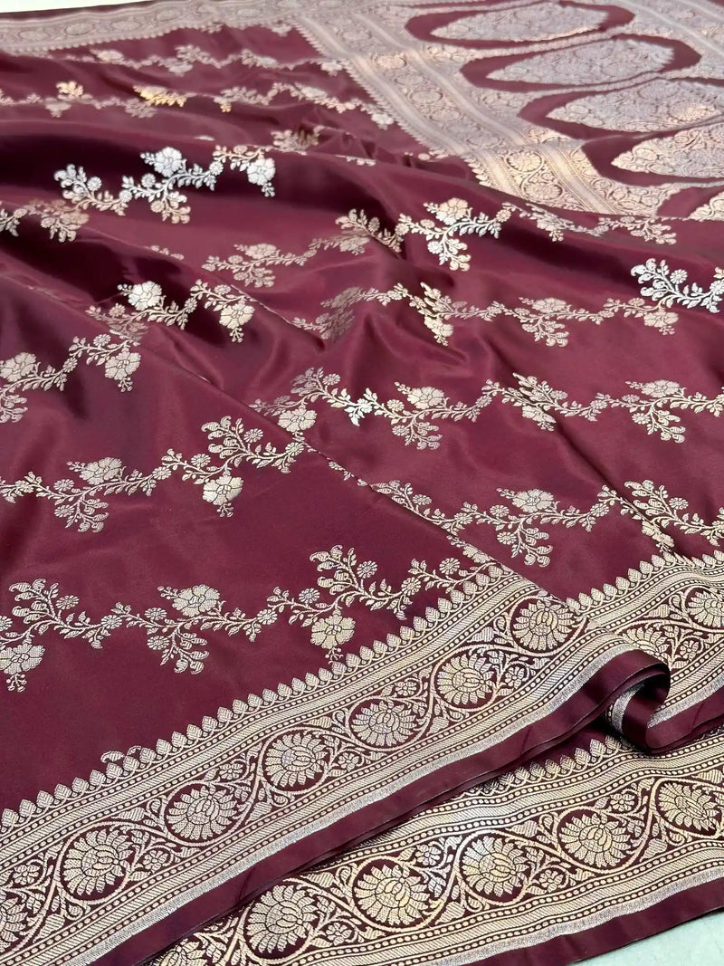 Wine Mashru Katan Silk Leheriya Weave Banarasi Saree