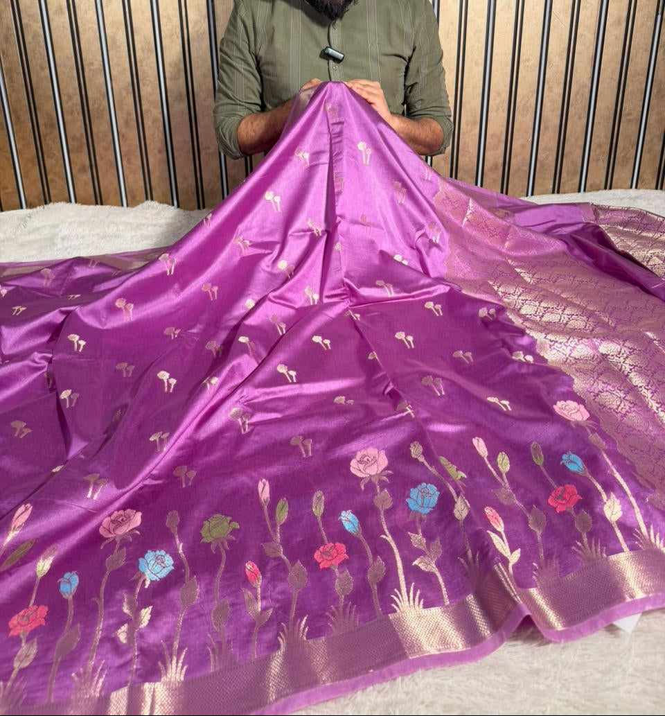 Wine Raw Dupion Silk Contemperory Banarasi Saree