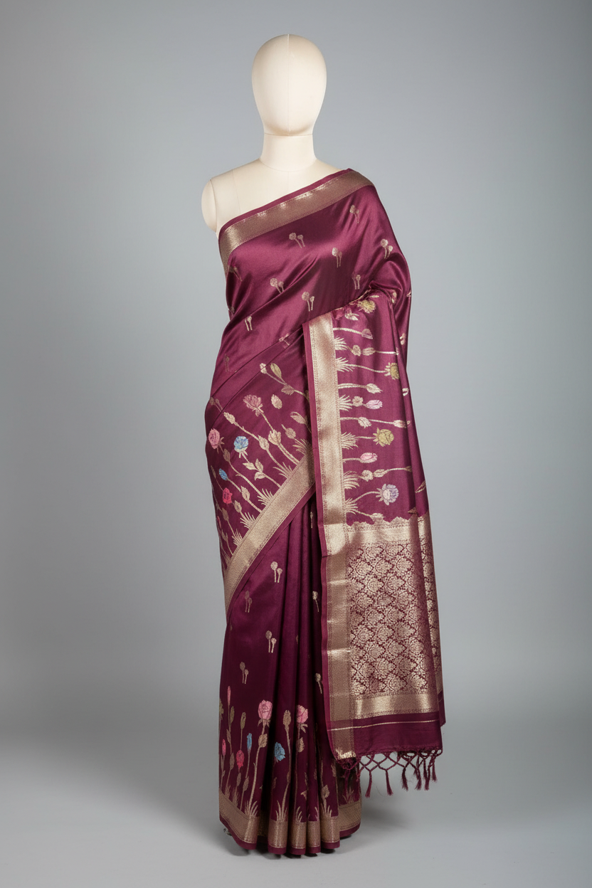 Wine Raw Dupion Silk Contemperory Banarasi Saree