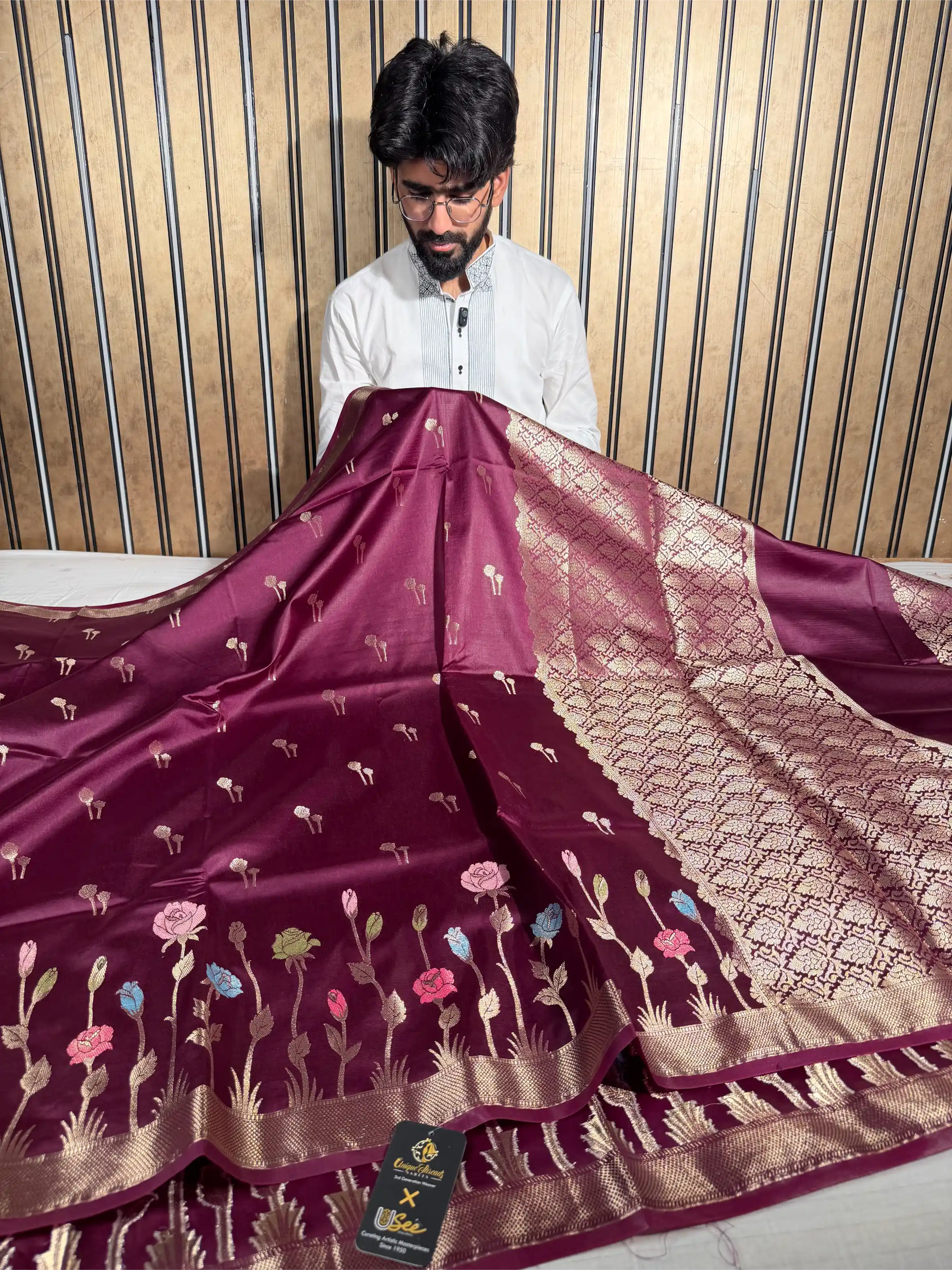 Wine Raw Dupion Silk Contemperory Banarasi Saree