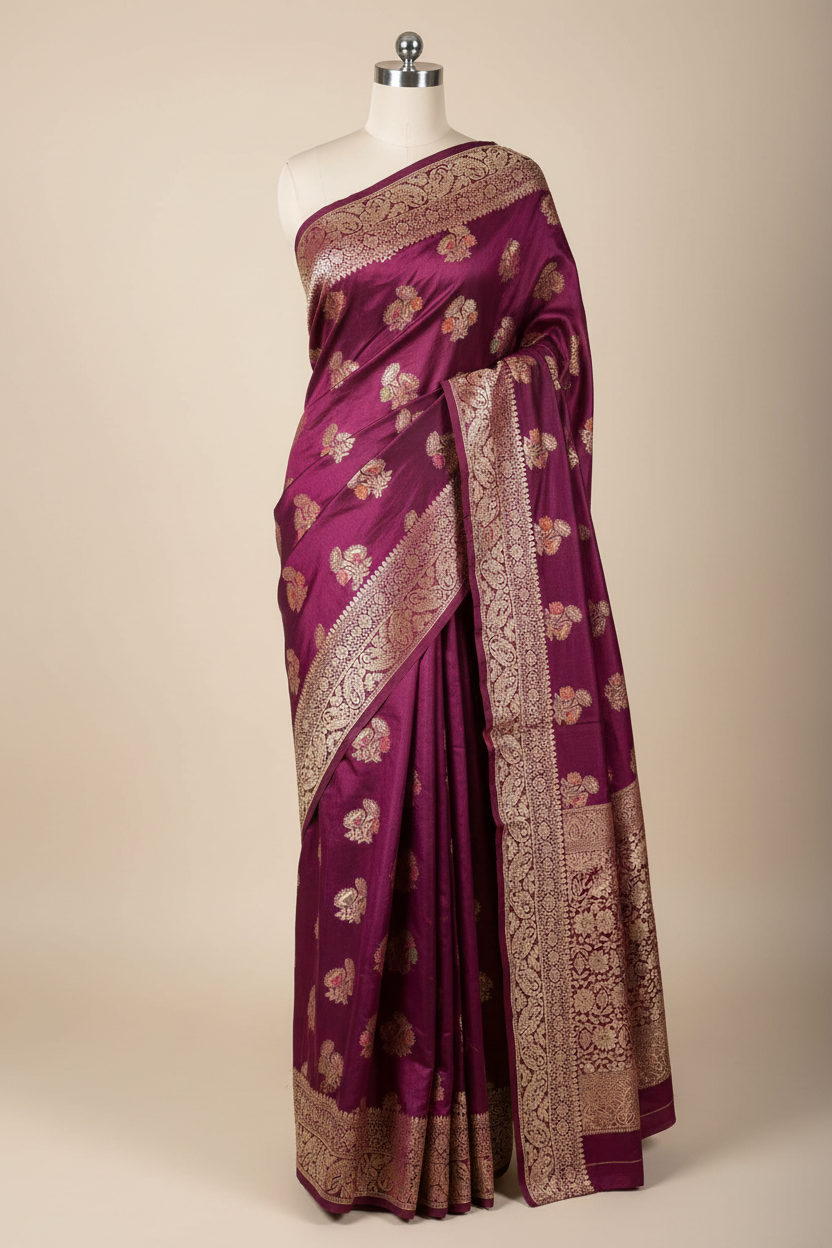 Wine Warm Silk Meenakari Traditional Buta Weave Banarasi Saree