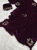 Wine Shade Velvet Designer Premium Handwork Buta Saree