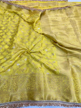 Yellow Chiniya Silk Designer Lace Attached Banarasi Saree