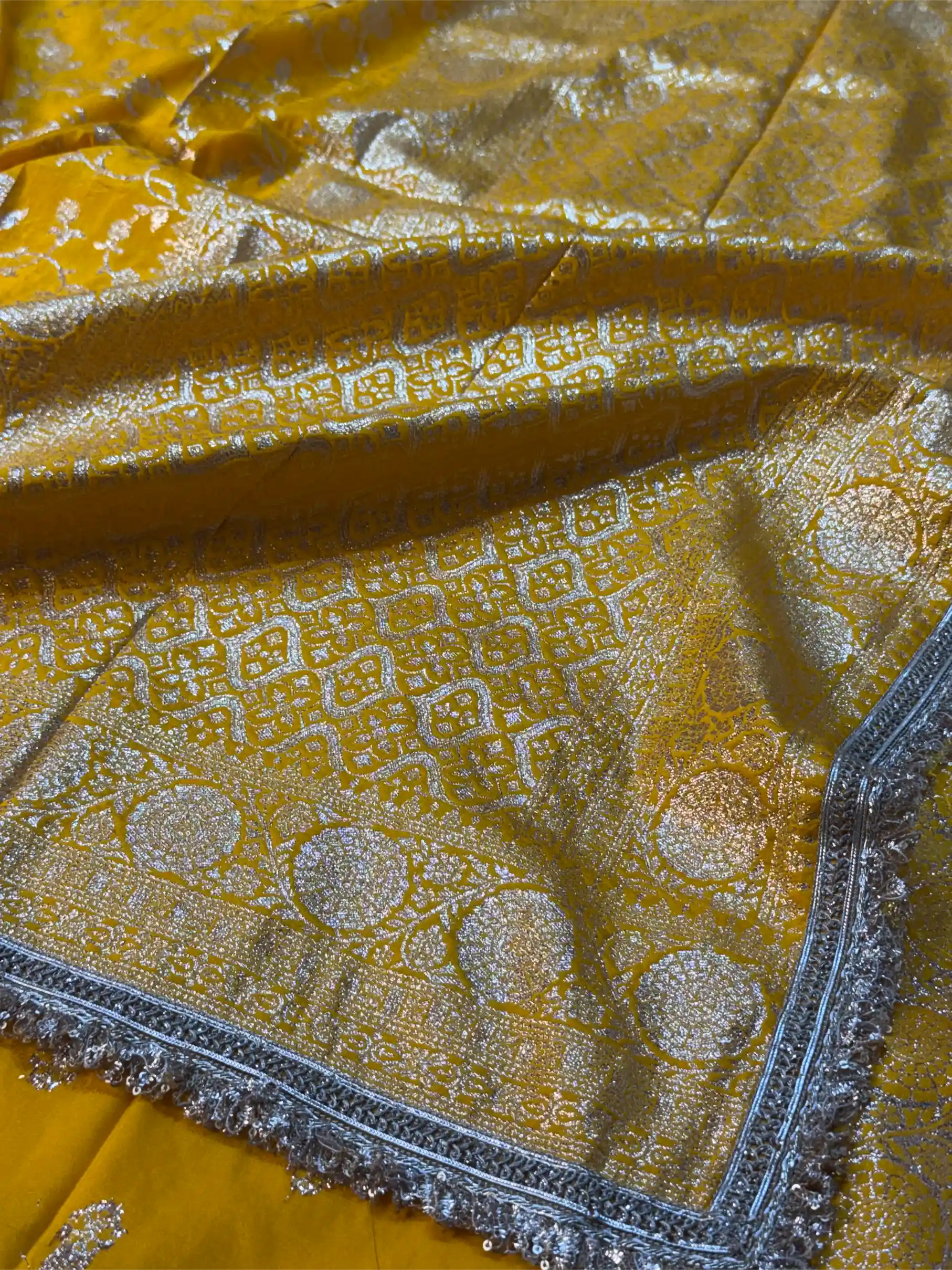 Yellow Chiniya Silk Designer Rich Lace Attached Banarasi Saree