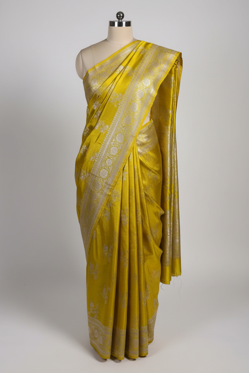Yellow Mashru Katan Silk Banarasi Saree with Rich Pallu and Blouse