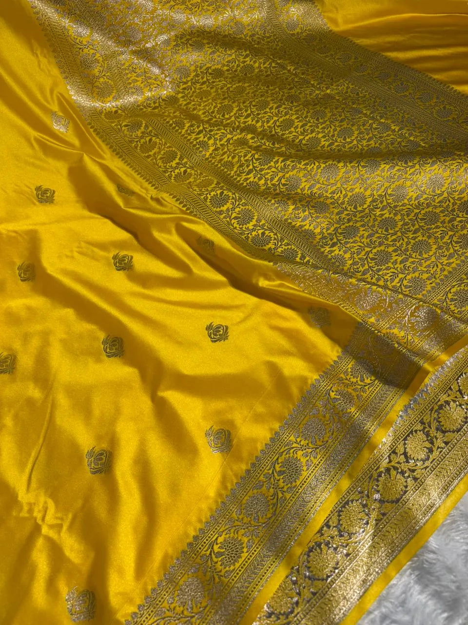 Yellow Mashru Katan Buta Work Banarasi silk Saree