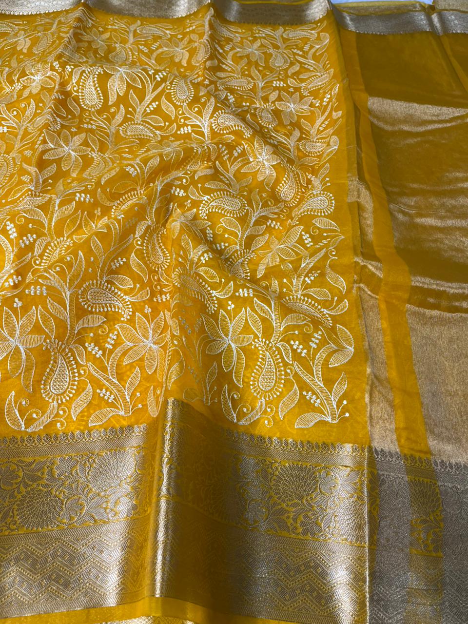 Yellow Organza Silk Chikankari Work Banarasi Saree