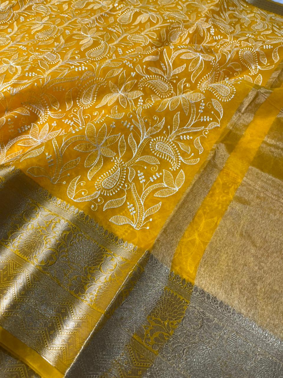 Yellow Organza Silk Chikankari Work Banarasi Saree