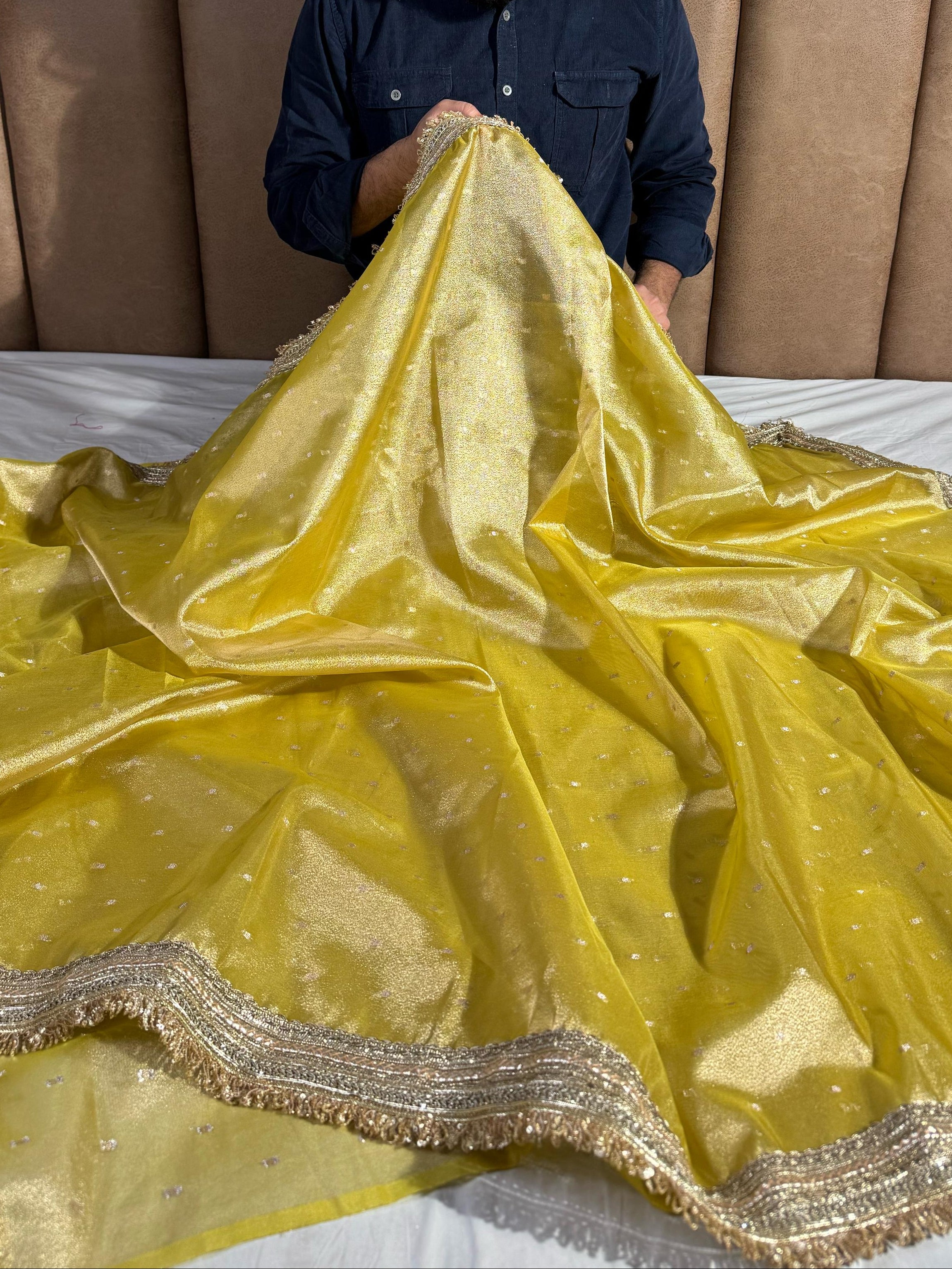 Yellow Shade Tissue Silk Saree with Heavy Lace Work