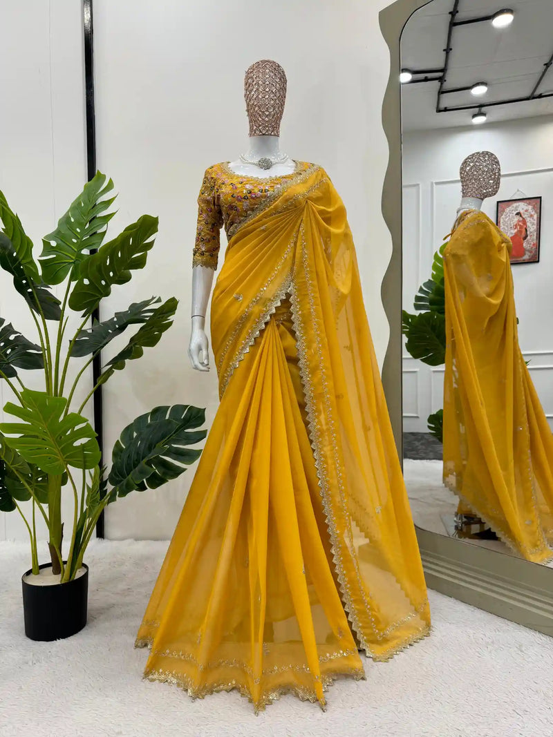 Yellow Shimmery Organza Silk Saree