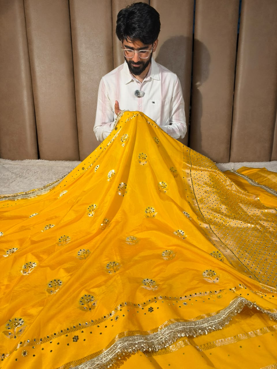 Yellow Soft Georgette Ghungroo Mirror Work Saree