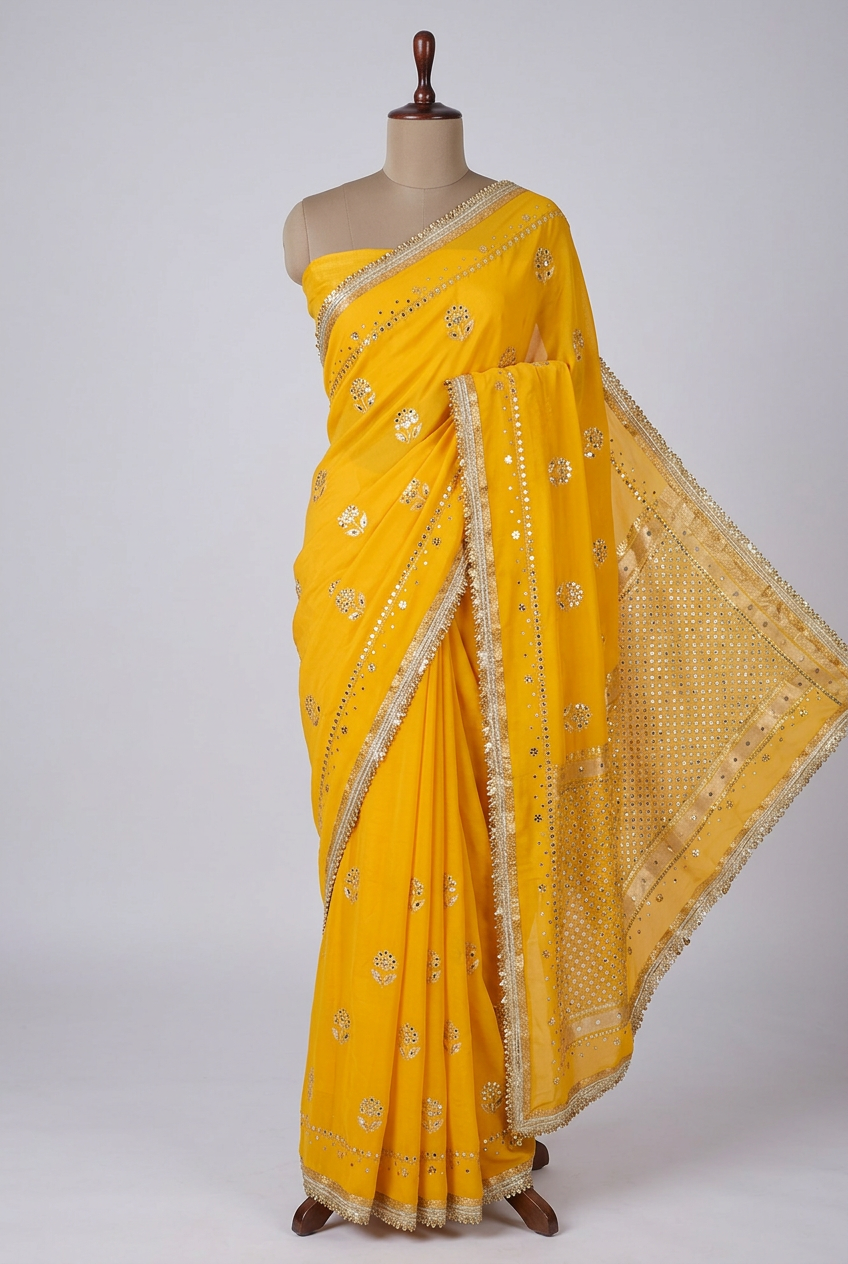 Yellow Soft Georgette Ghungroo Mirror Work Saree