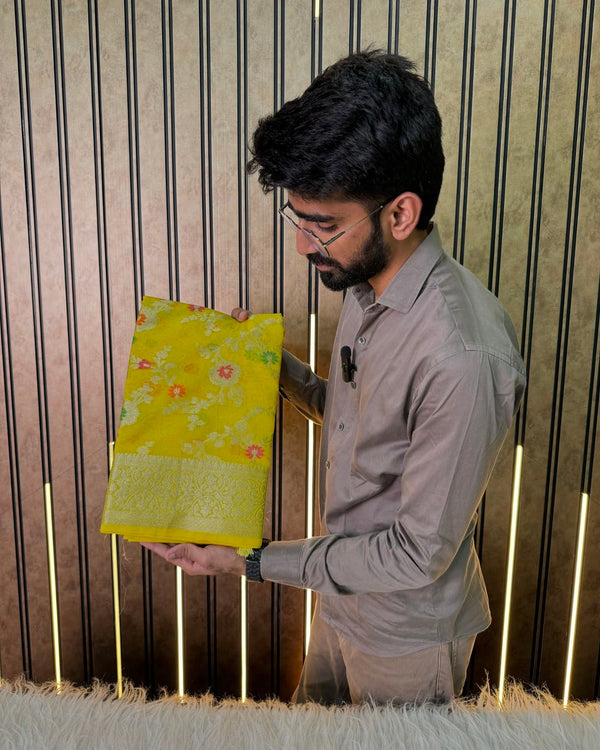 Yellow Georgette Silk Floral Meenakari Jaal Banarasi Saree