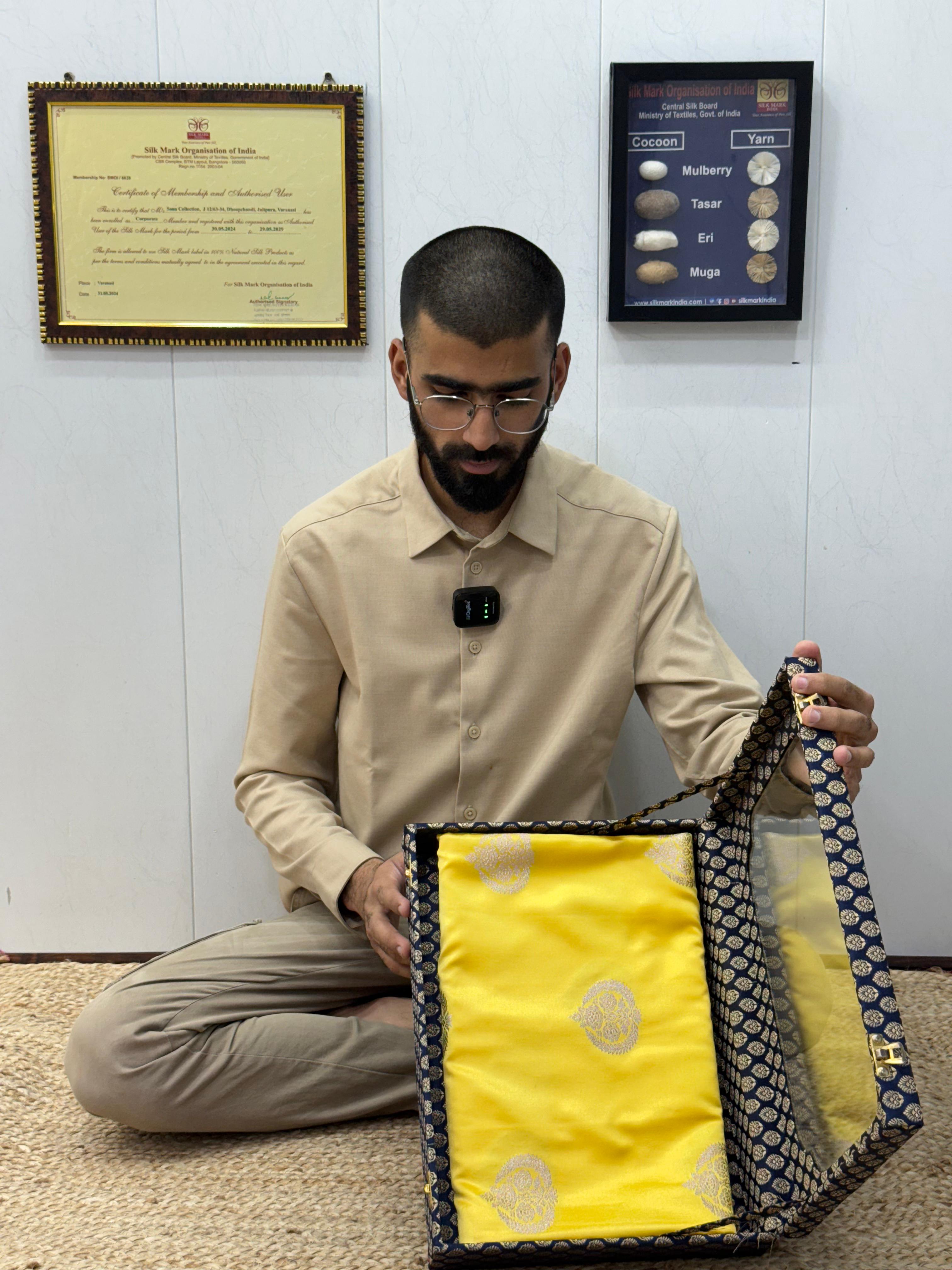 Yellow Mashru Katan Silk Unique Designs Banarasi Saree