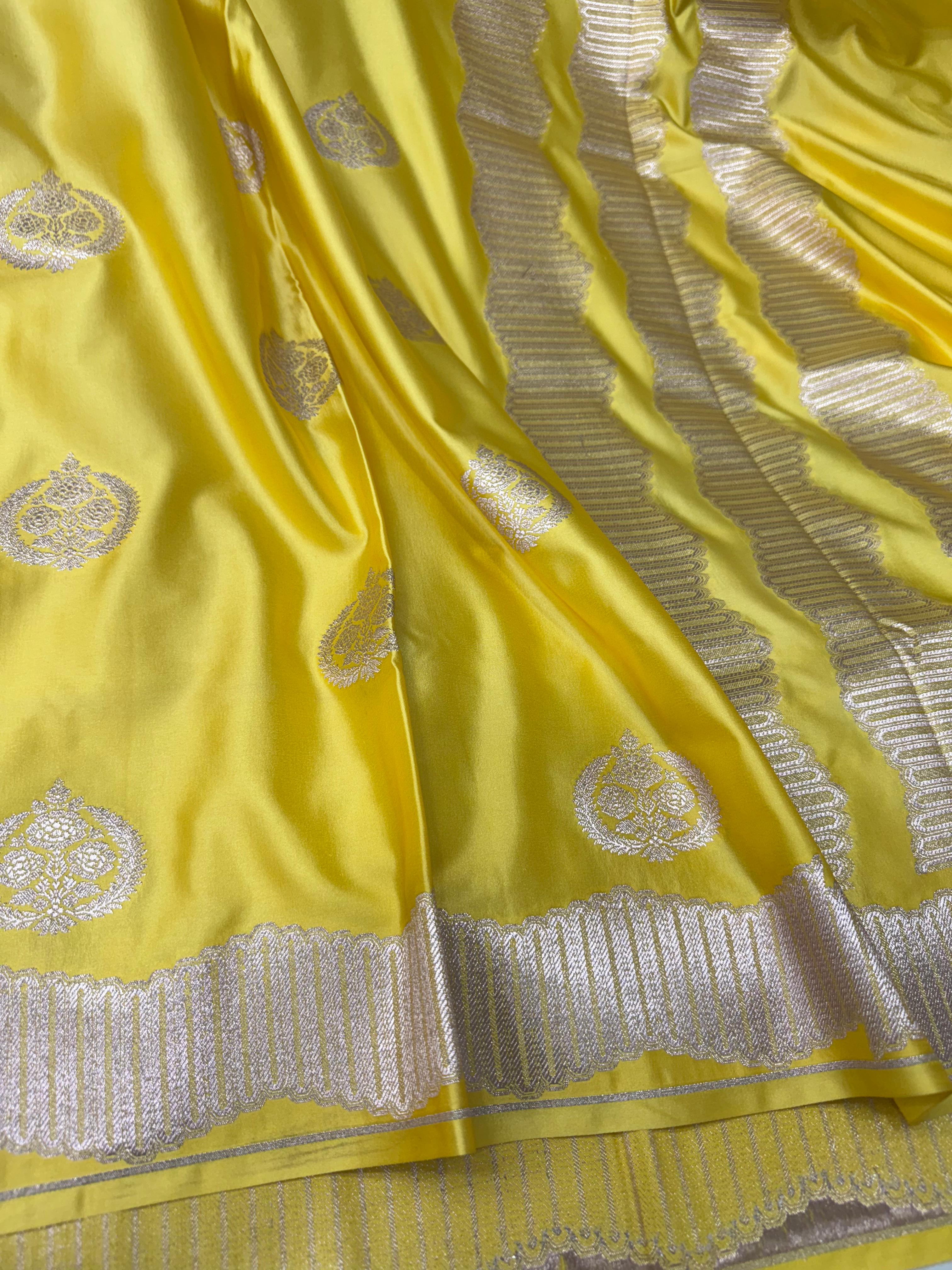 Yellow Mashru Katan Silk Unique Designs Banarasi Saree