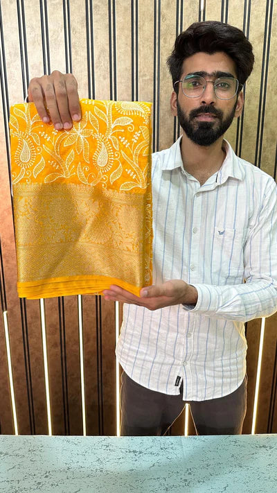 Yellow Organza Silk Floral Chikankari Banarasi Saree